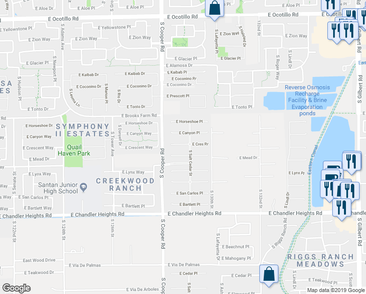 map of restaurants, bars, coffee shops, grocery stores, and more near 2105 East Crescent Place in Chandler