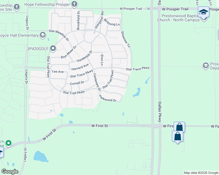 map of restaurants, bars, coffee shops, grocery stores, and more near 1730 Cottonwood Drive in Prosper
