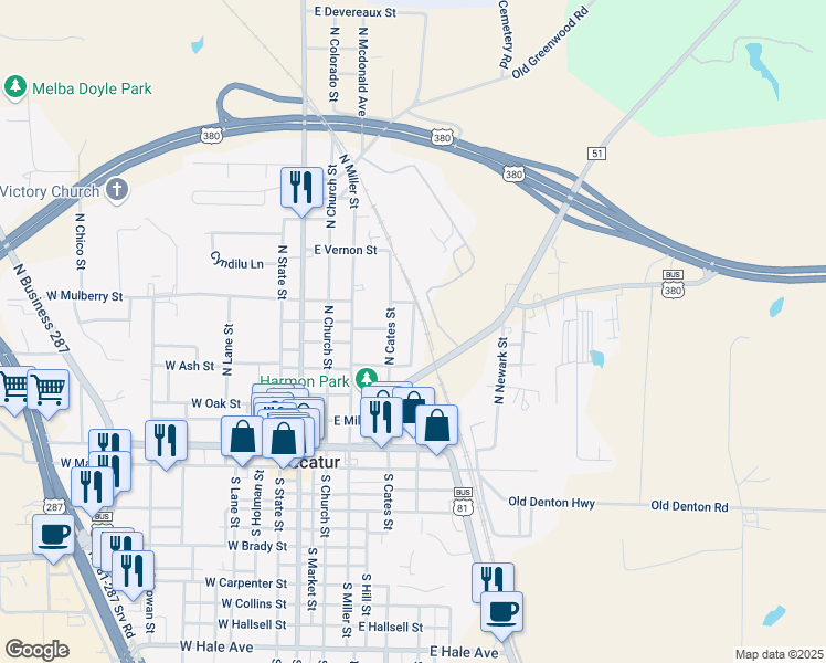 map of restaurants, bars, coffee shops, grocery stores, and more near 610 North Cates Street in Decatur