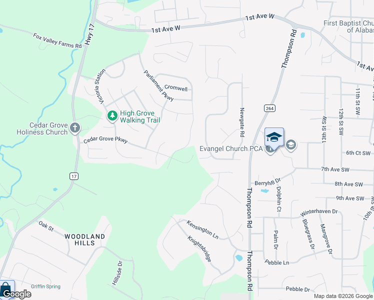 map of restaurants, bars, coffee shops, grocery stores, and more near 217 Cedar Grove Parkway in Alabaster