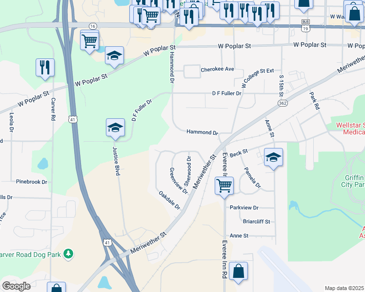 map of restaurants, bars, coffee shops, grocery stores, and more near 1305 Greenview Drive in Griffin