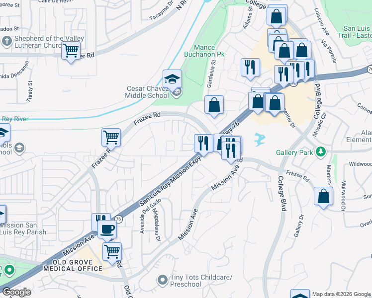 map of restaurants, bars, coffee shops, grocery stores, and more near 4783 Mayflower Way in Oceanside