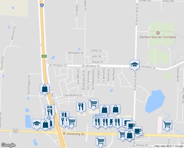 map of restaurants, bars, coffee shops, grocery stores, and more near 2301 Crestmeadow Street in Denton