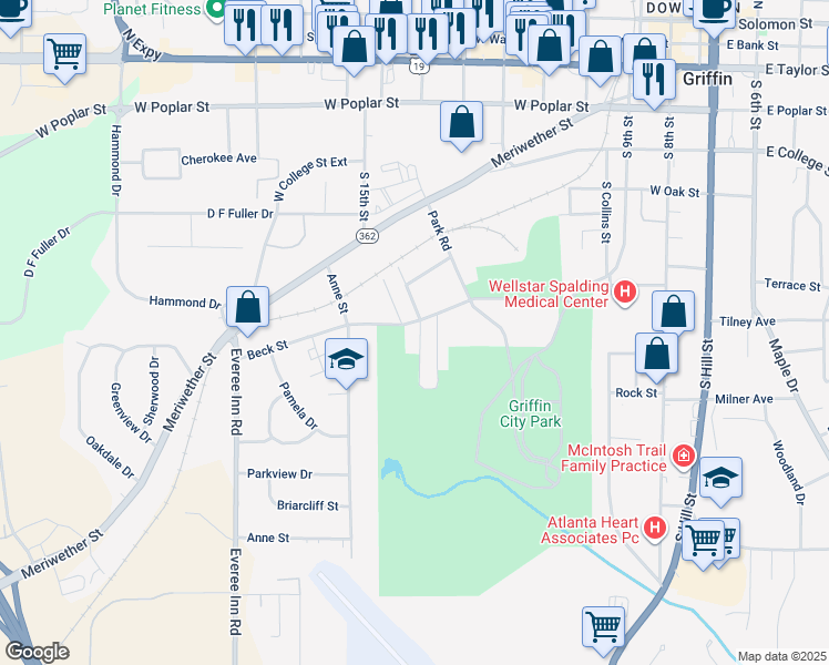 map of restaurants, bars, coffee shops, grocery stores, and more near 811 Scales Street in Griffin