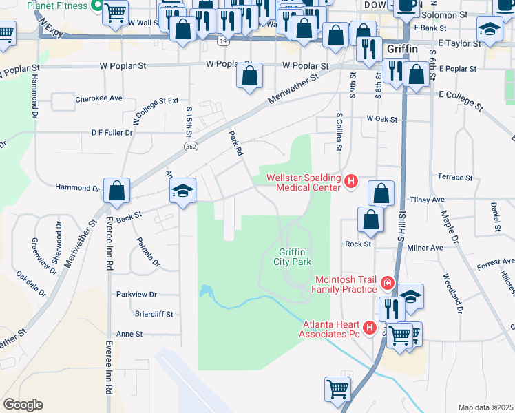 map of restaurants, bars, coffee shops, grocery stores, and more near 815 Park Road in Griffin