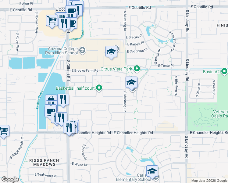map of restaurants, bars, coffee shops, grocery stores, and more near 3415 East Mead Drive in Chandler