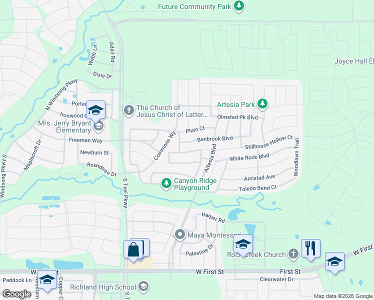 map of restaurants, bars, coffee shops, grocery stores, and more near 16019 Crosslake Court in Prosper