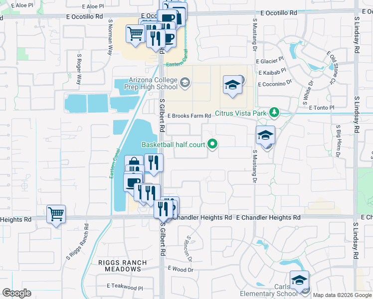 map of restaurants, bars, coffee shops, grocery stores, and more near 3115 East Mead Drive in Chandler