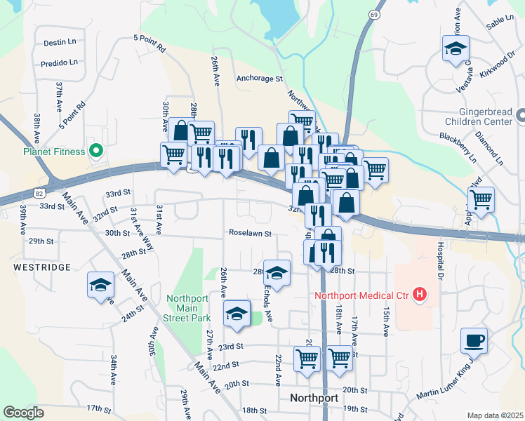 map of restaurants, bars, coffee shops, grocery stores, and more near 2215 32nd Street in Northport
