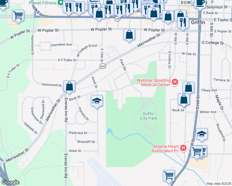map of restaurants, bars, coffee shops, grocery stores, and more near 811 Scales Street in Griffin