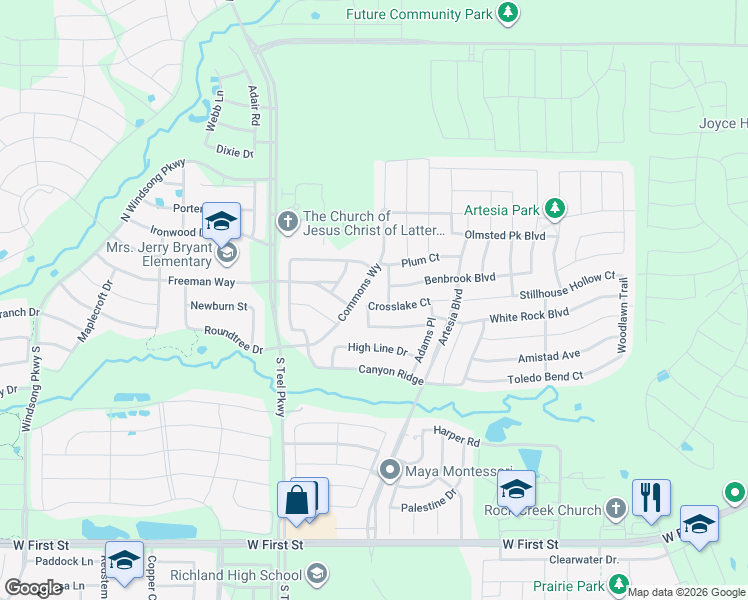 map of restaurants, bars, coffee shops, grocery stores, and more near 15913 Crosslake Court in Prosper