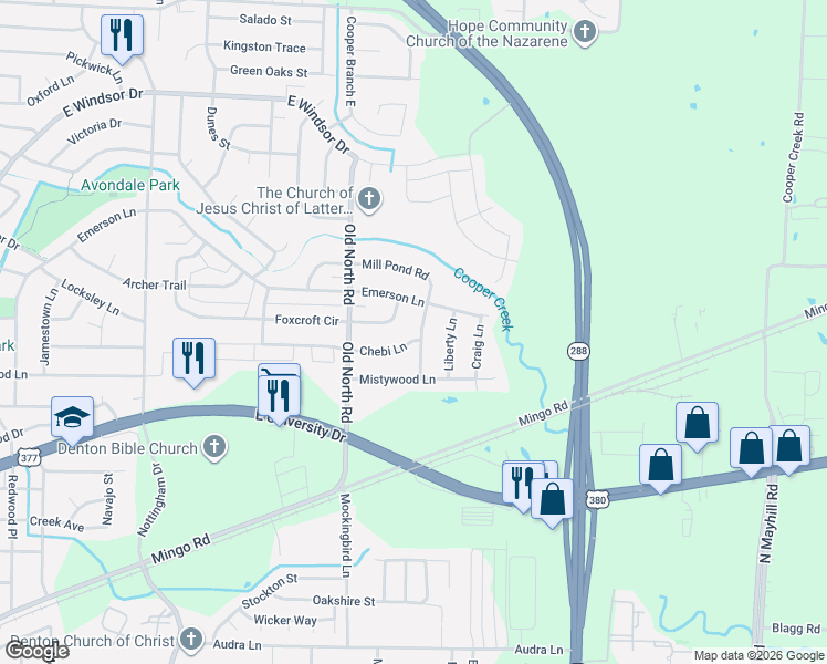 map of restaurants, bars, coffee shops, grocery stores, and more near 2737 Chebi Lane in Denton
