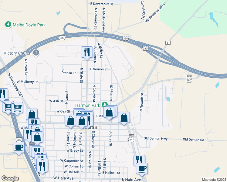 map of restaurants, bars, coffee shops, grocery stores, and more near 610 North Cates Street in Decatur