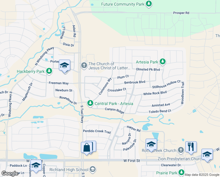 map of restaurants, bars, coffee shops, grocery stores, and more near 15913 Crosslake Court in Prosper