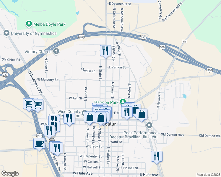 map of restaurants, bars, coffee shops, grocery stores, and more near 603 North Church Street in Decatur