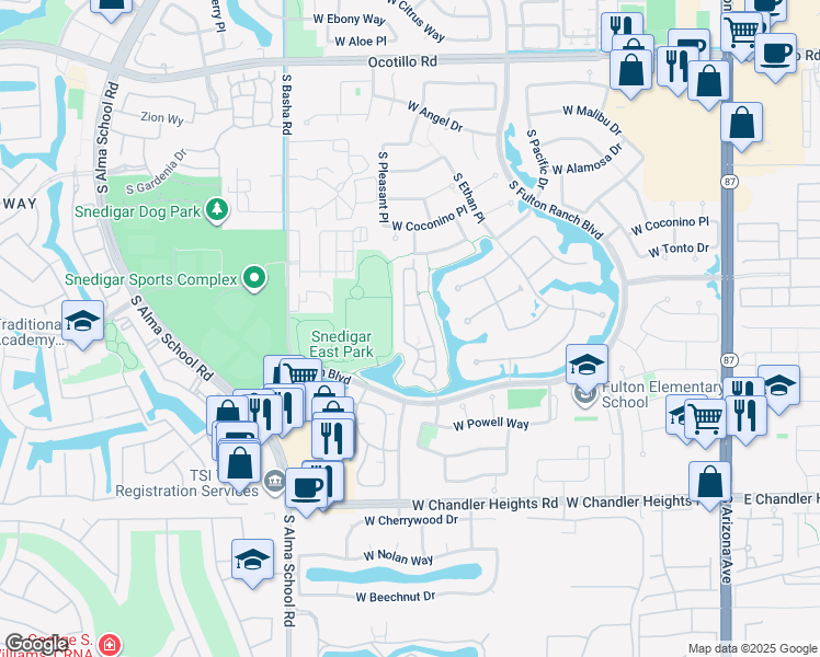 map of restaurants, bars, coffee shops, grocery stores, and more near 4700 South Fulton Ranch Boulevard in Chandler