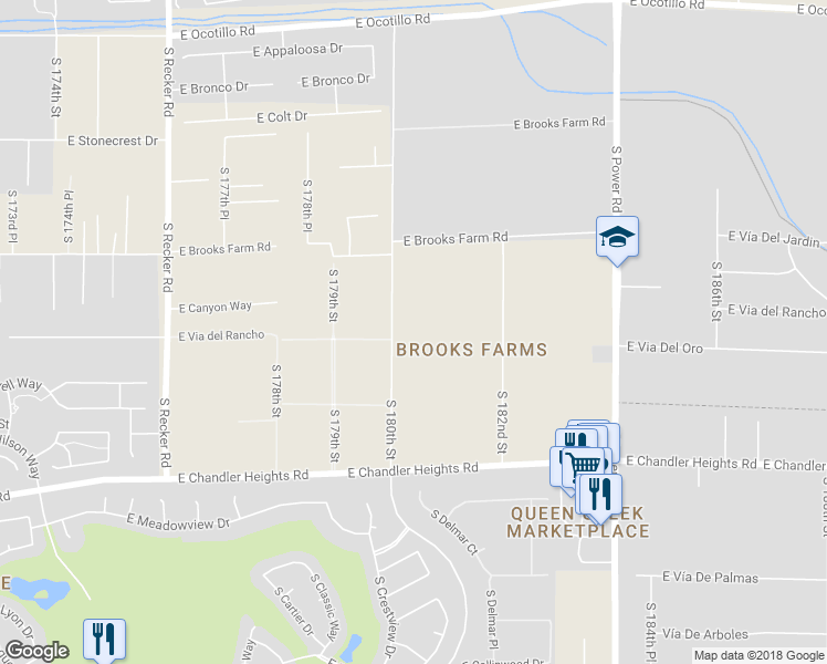 map of restaurants, bars, coffee shops, grocery stores, and more near 23115 South 180th Street in Gilbert