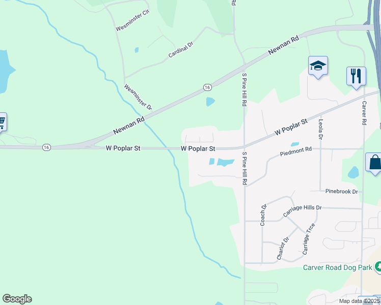 map of restaurants, bars, coffee shops, grocery stores, and more near 1725 West Poplar Street in Griffin