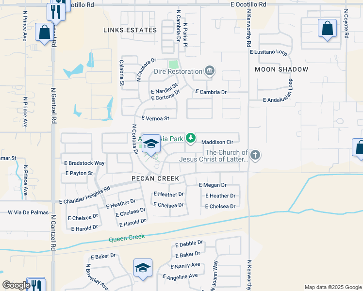 map of restaurants, bars, coffee shops, grocery stores, and more near 1283 East Maddison Street in Queen Creek