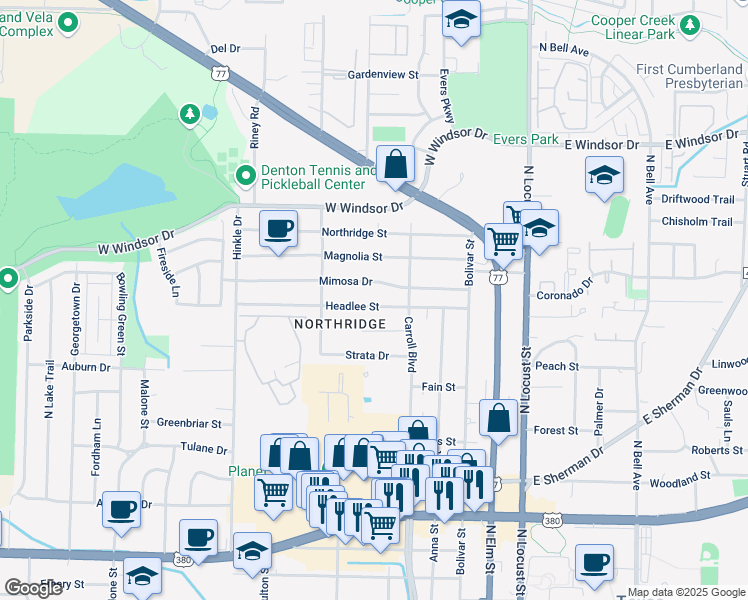 map of restaurants, bars, coffee shops, grocery stores, and more near 428 Headlee Street in Denton