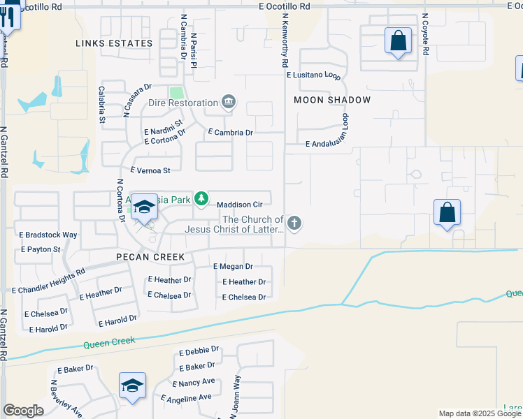 map of restaurants, bars, coffee shops, grocery stores, and more near 1697 Maddison Circle in Queen Creek