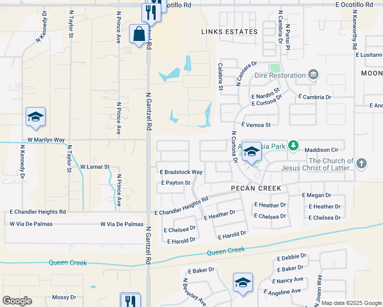 map of restaurants, bars, coffee shops, grocery stores, and more near 39597 North Luke Lane in Queen Creek