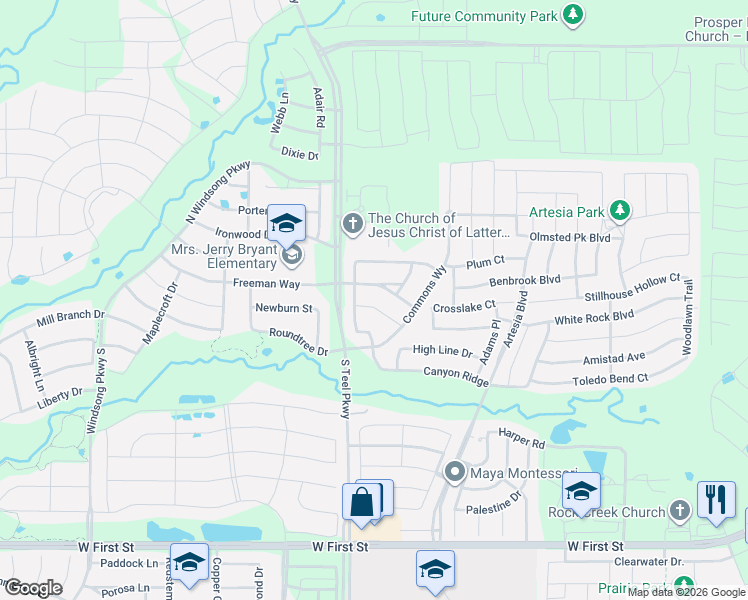 map of restaurants, bars, coffee shops, grocery stores, and more near 15509 Crosslake Court in Prosper