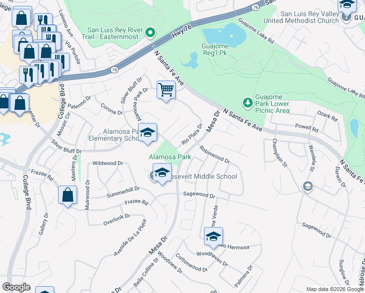 map of restaurants, bars, coffee shops, grocery stores, and more near 5370 Rio Plata Drive in Oceanside