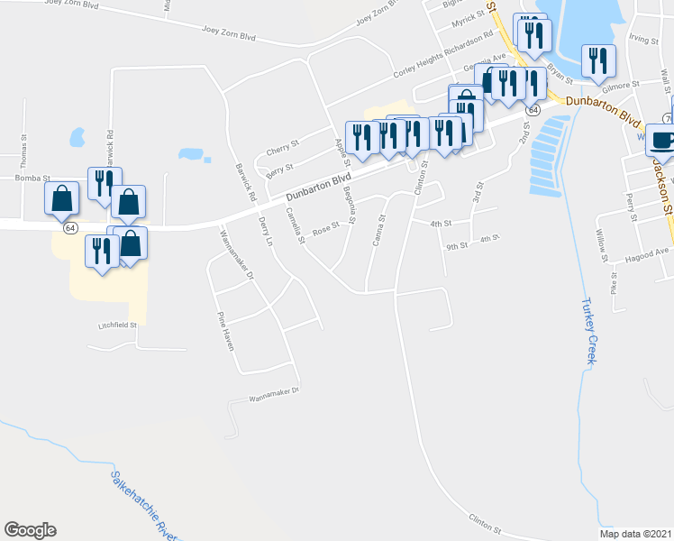map of restaurants, bars, coffee shops, grocery stores, and more near 180 Camelia Street in Barnwell