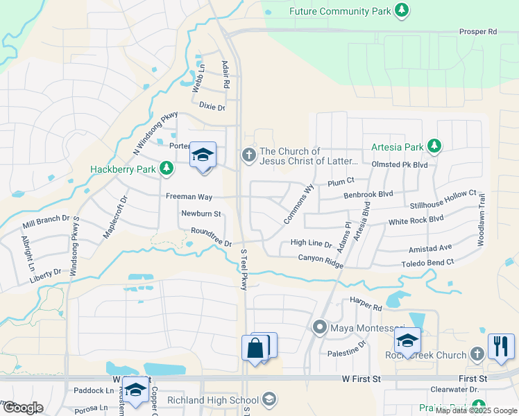 map of restaurants, bars, coffee shops, grocery stores, and more near 15509 Crosslake Court in Prosper