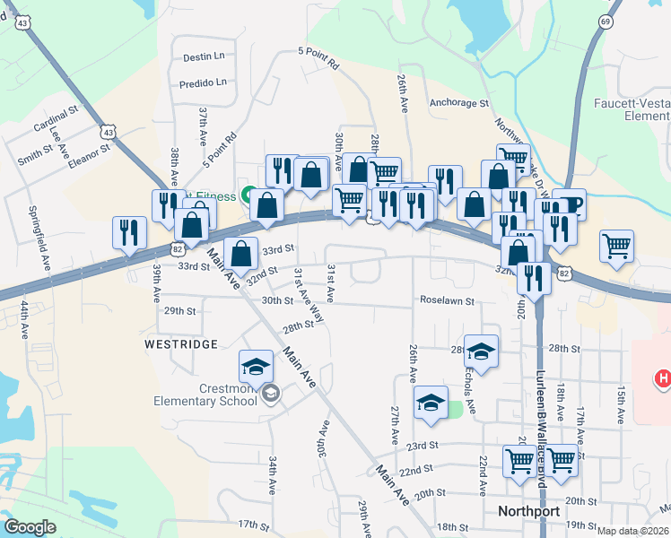 map of restaurants, bars, coffee shops, grocery stores, and more near 3103 31st Ave in Northport