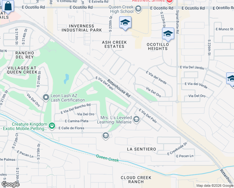 map of restaurants, bars, coffee shops, grocery stores, and more near 22221 East Vía Del Palo in Queen Creek