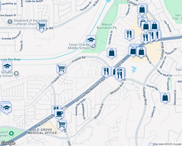 map of restaurants, bars, coffee shops, grocery stores, and more near 4504 Arbor Glen Way in Oceanside