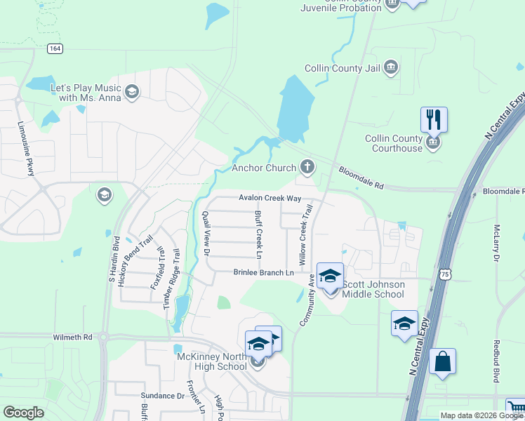 map of restaurants, bars, coffee shops, grocery stores, and more near 3800 Bluff Creek Lane in McKinney