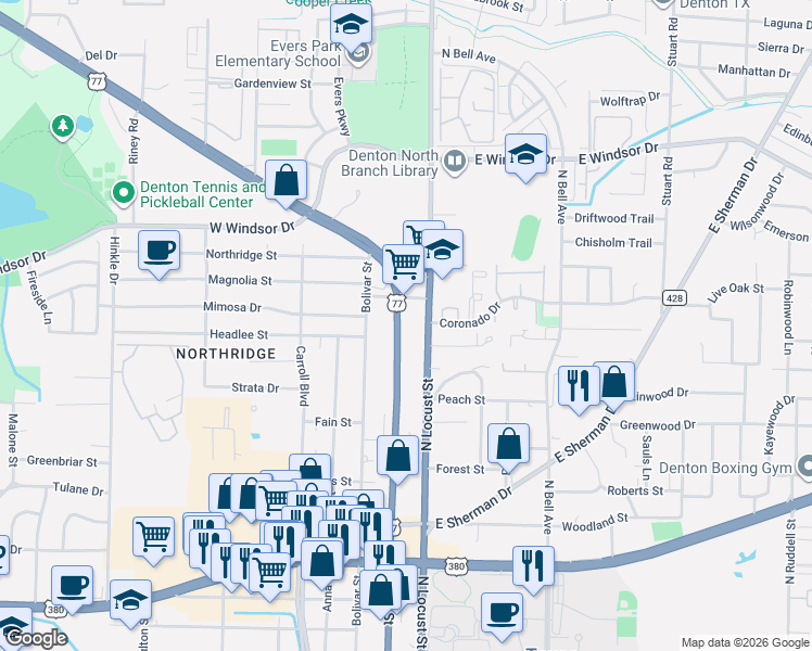 map of restaurants, bars, coffee shops, grocery stores, and more near 2711 North Locust Street in Denton
