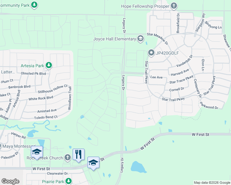 map of restaurants, bars, coffee shops, grocery stores, and more near Legacy Drive in Prosper