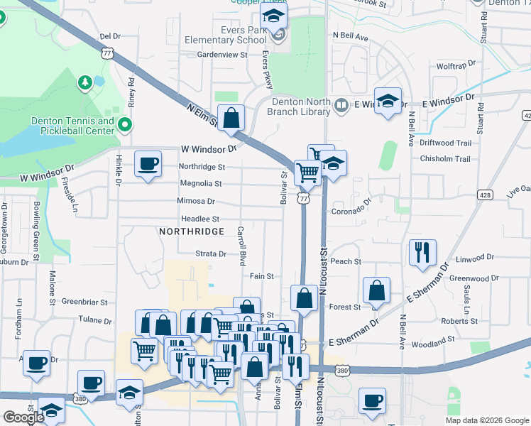 map of restaurants, bars, coffee shops, grocery stores, and more near 315 Mimosa Drive in Denton