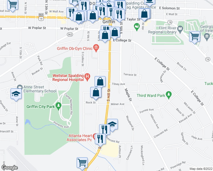 map of restaurants, bars, coffee shops, grocery stores, and more near 629 South Hill Street in Griffin