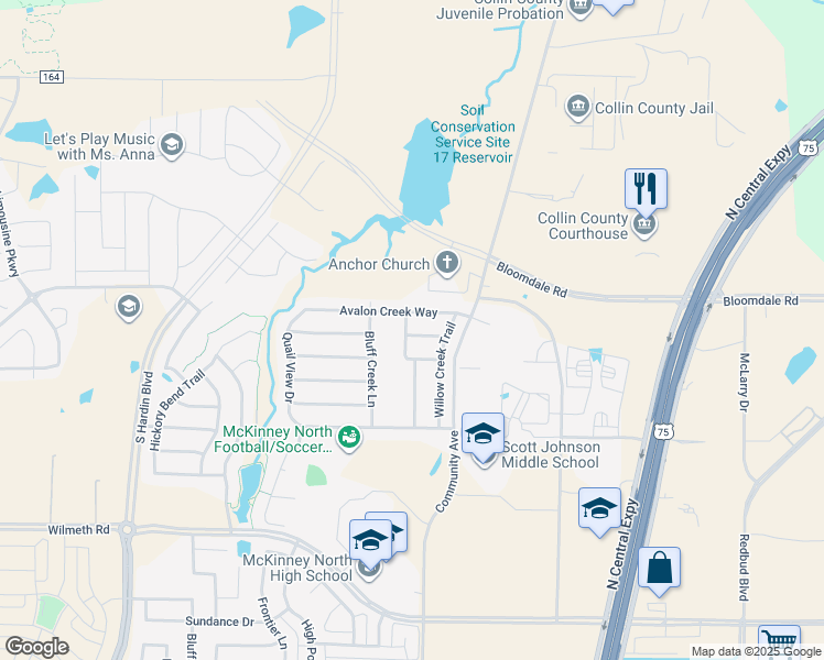map of restaurants, bars, coffee shops, grocery stores, and more near 2328 Spruce Meadow Lane in McKinney