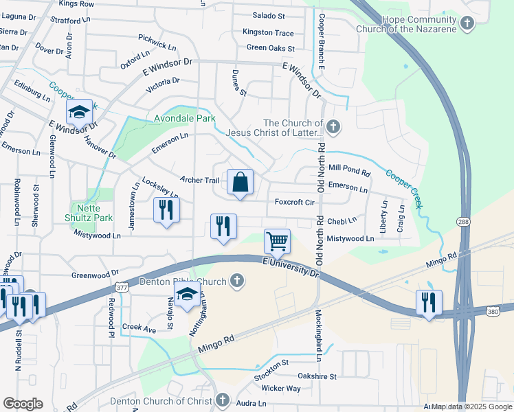 map of restaurants, bars, coffee shops, grocery stores, and more near 2221 Chebi Lane in Denton