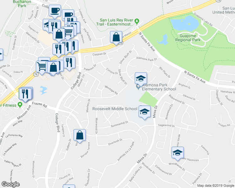 map of restaurants, bars, coffee shops, grocery stores, and more near Silver Bluff Drive & Montage Road in Oceanside