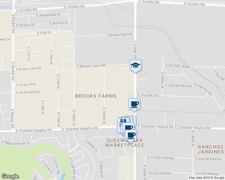 map of restaurants, bars, coffee shops, grocery stores, and more near 23065 South 182nd Street in Gilbert