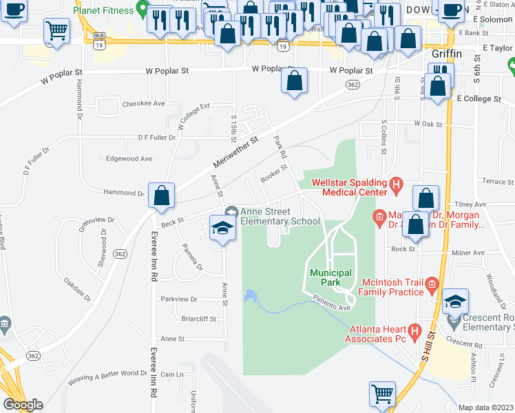 map of restaurants, bars, coffee shops, grocery stores, and more near 864 Beck Street in Griffin