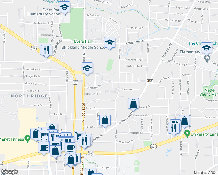 map of restaurants, bars, coffee shops, grocery stores, and more near 2501 North Bell Avenue in Denton