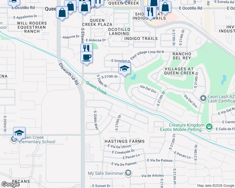 map of restaurants, bars, coffee shops, grocery stores, and more near 23044 South 208th Street in Queen Creek
