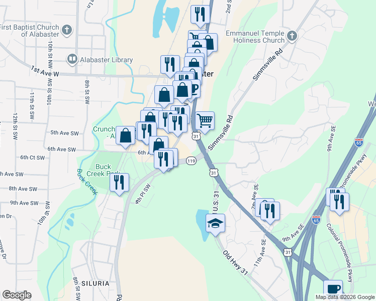 map of restaurants, bars, coffee shops, grocery stores, and more near 11063 Highway 119 in Alabaster