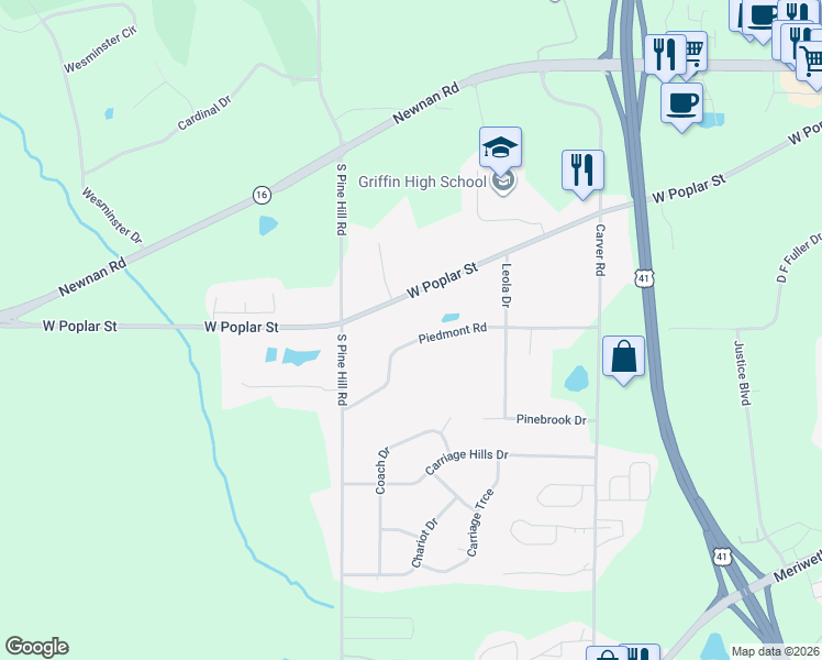 map of restaurants, bars, coffee shops, grocery stores, and more near 1663 Piedmont Road in Griffin