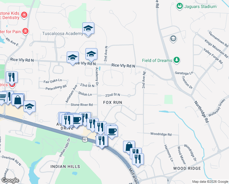 map of restaurants, bars, coffee shops, grocery stores, and more near 155 22nd Street North in Tuscaloosa