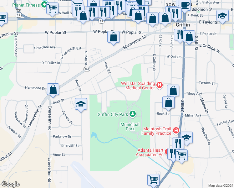 map of restaurants, bars, coffee shops, grocery stores, and more near 817 Park Road in Griffin