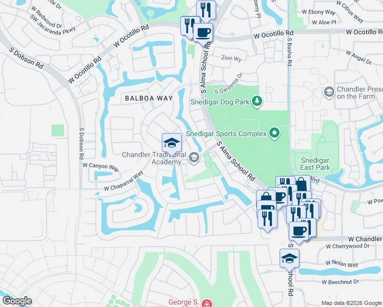 map of restaurants, bars, coffee shops, grocery stores, and more near 4592 South Wildflower Place in Chandler